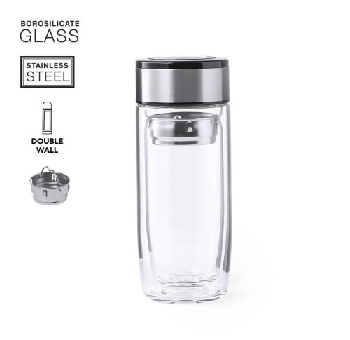 Branded Thermal Glass Drinks Bottle 350ml Stainless Steel Lid