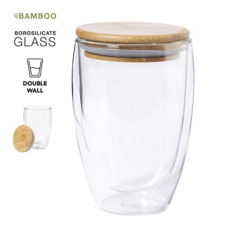 Custom Printed Insulated Glass Tea/Coffee Cups 350ml Bamboo Lid Tobby