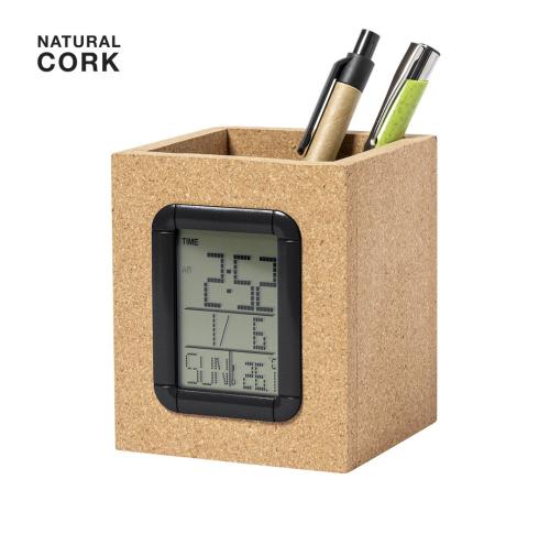 Cork Pencil Pot Integrated Alarm Clock, Thermometer & Calendar