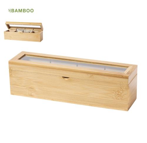 Bamboo Tea Bag  Storage Box Glass Lid 4 Compartments