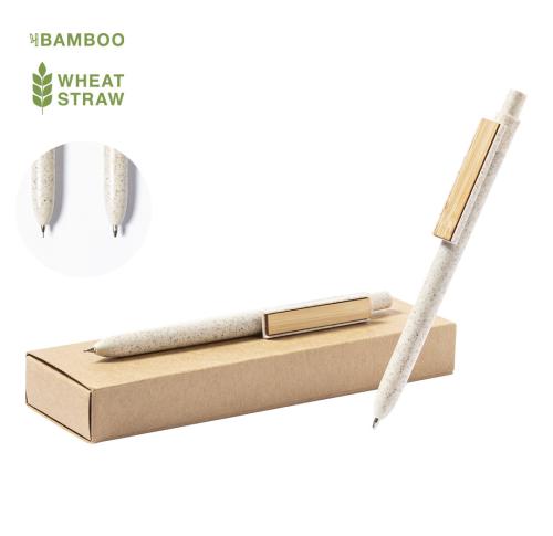 Wheat Straw & Bamboo Pen Set Recycled Cardboard Box - Blue Ink