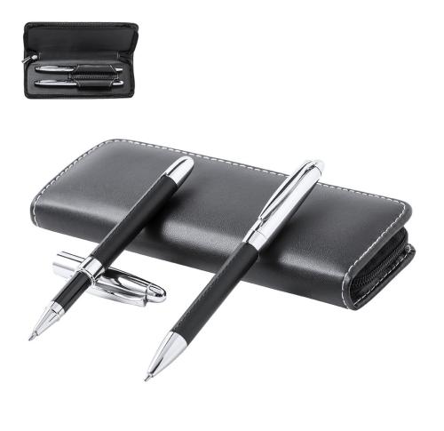 Branded Executive Rollerball And Ball Pen Sets Soft Touch Black PU & Chrome Set Niveum