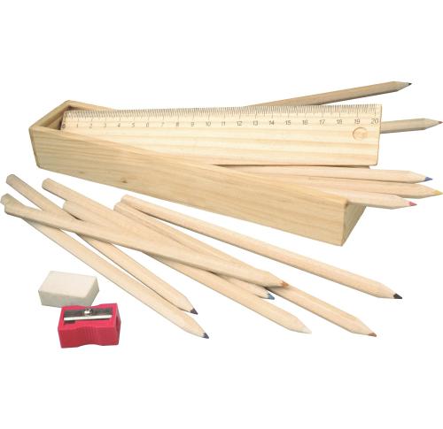 Printed Wooden School Pencil Case Eco - Crayons, Pencil Sharpener, Ruler