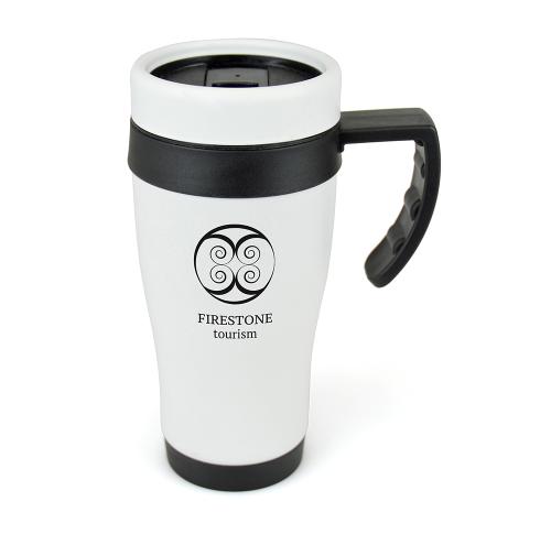 Printed Stainless Steel Takeaway Coffee Travel Mug 400ml With Handle -  Matt White 