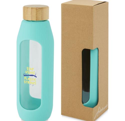 Printed Borosilicate Glass Water Bottle With Silicone Grip 600 Ml 