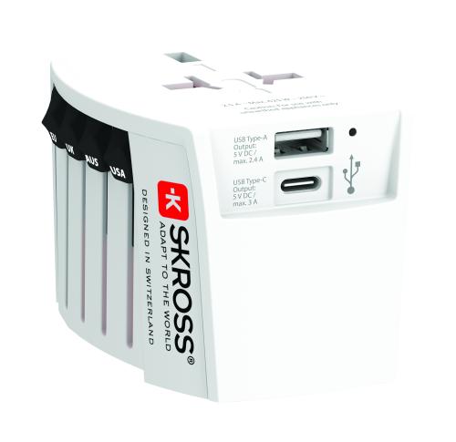 Branded SKROSS World Travel Adaptor 2 Pole With USB A AND C