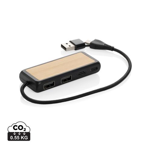 Promotional Link RCS recycled plastic and bamboo dual Input USB hub black
