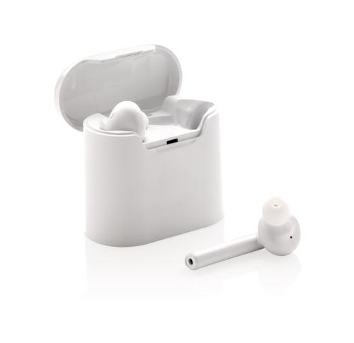 Printed Promotional White Wireless Headphones Branded Earbuds In Charging Case