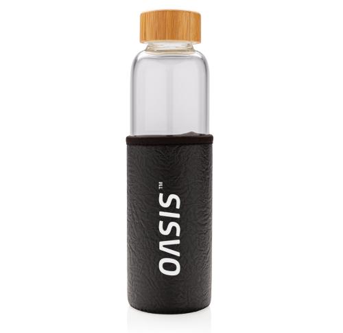 Promotional Printed Glass Water Bottles With Textured PU Sleeve Black