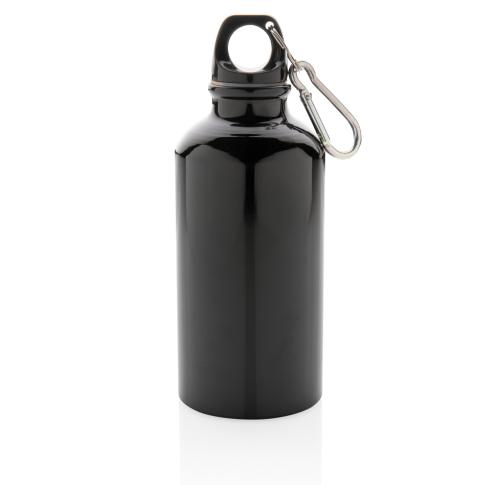 Branded 400ml Aluminium Metal Reusable Sport Bottle With Carabiner - Black