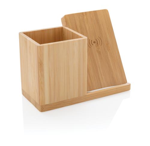 Branded Calgary Bamboo 5W Wireless Chargers With Pen Holder