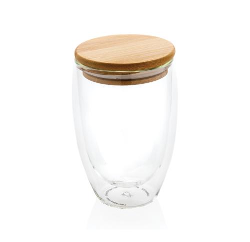 Promotional Insulated Glass Coffee Mug With Bamboo Lid 350ml Double Wall Borosilicate