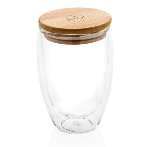 Promotional Insulated Glass Coffee Mugs With Bamboo Lid 350ml Double Wall Borosilicate