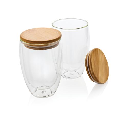 Promotional Double Wall Borosilicate Glass Coffee / Tea Mugs With Bamboo Lid 350ml 2pc Set