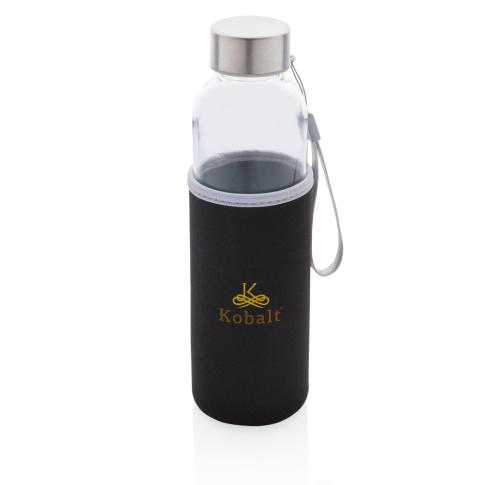 Branded Glass Water Bottle With Neoprene Sleeve - Black