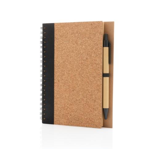 Printed Cork Spiral Notebook And Pen Set - Black