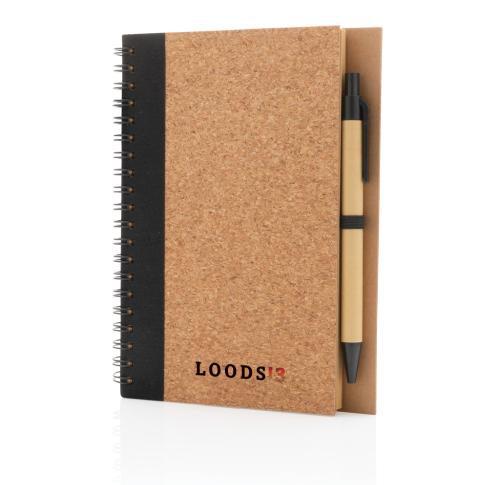 Printed Cork Spiral Notebook And Pen Set - Black