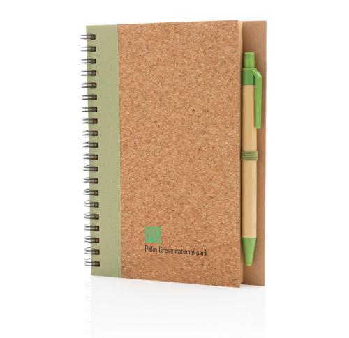 Custom Printed Cork Spiral Notebooks And Pen Set - Green