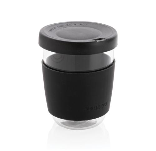 Branded Glass Coffee Mugs 360ml With Silicone Lid And Sleeve Black Ukiyo Borosilicate 