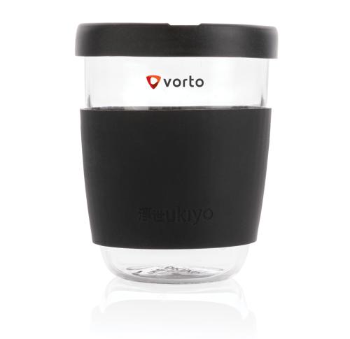 Branded Glass Coffee Mugs 360ml With Silicone Lid And Sleeve Black Ukiyo Borosilicate 