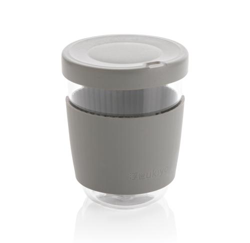 Printed Glass Coffee Cups With Silicone Lid And Sleeve Ukiyo Borosilicate Grey 360ml