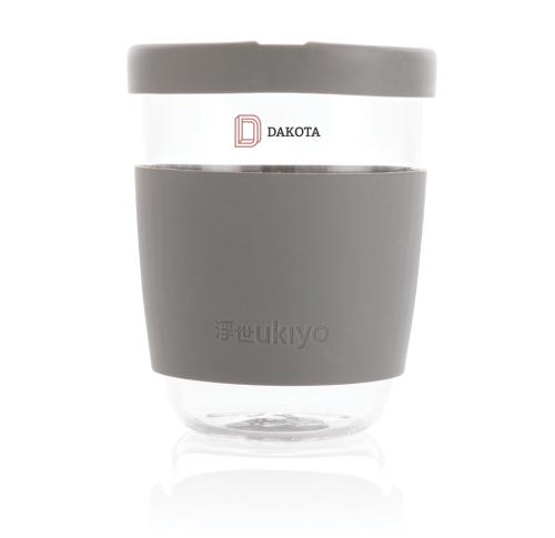 Printed Glass Coffee Cups With Silicone Lid And Sleeve Ukiyo Borosilicate Grey 360ml