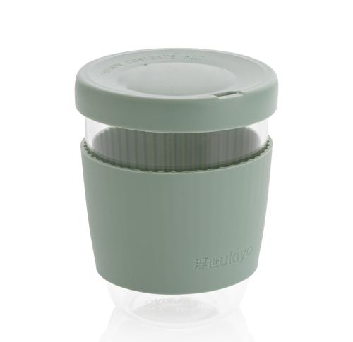 Printed Borosilicate Glass Coffee Takeaway Cups With Silicone Lid And Sleeve Ukiyo Green