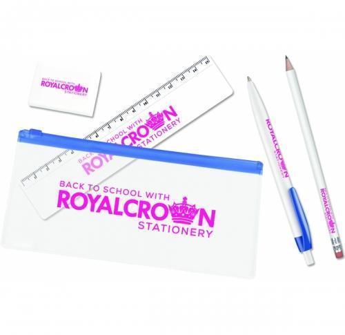 Transparent Pencil Case Contains Ruler, Eraser And Ballpoint Pen