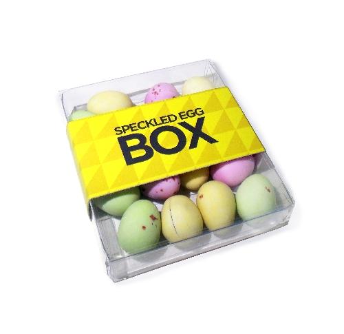 Mini Sugar Coated Speckled Chocolate Easter Eggs In Clear Box with printed sleeve
