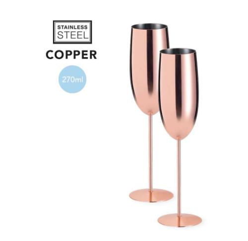 Rose Gold Plated Stainless Steel Champagne Flutes 270ml 2 Piece Set