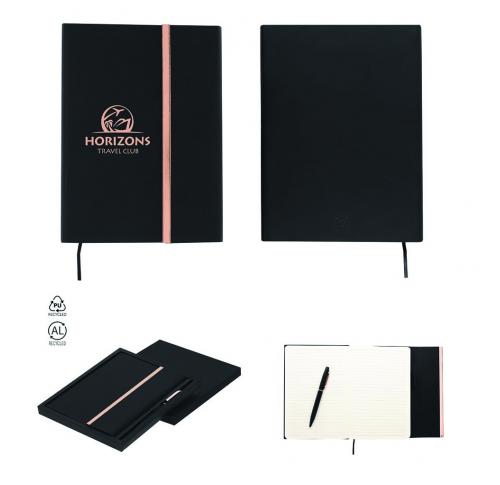 Recycled Elegant Matte Black Notebook & Pen Set Rose Gold Accents