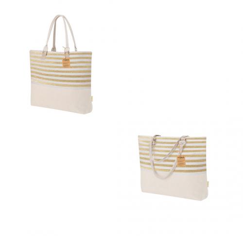 Recycled Cotton Beach Bag Gold Striped Design Long Cord Handles Henar