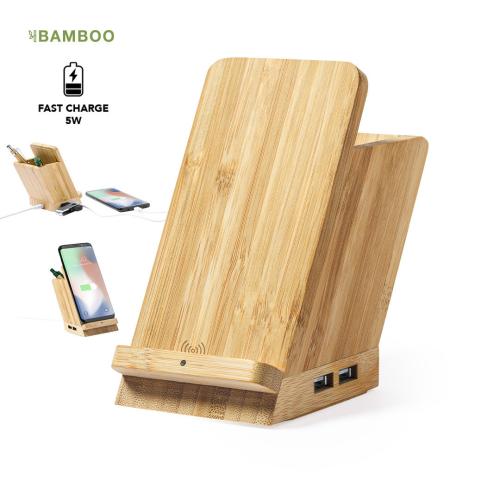 Bamboo Pen Holder Smartphone Holder Wireless Charge & USB Port