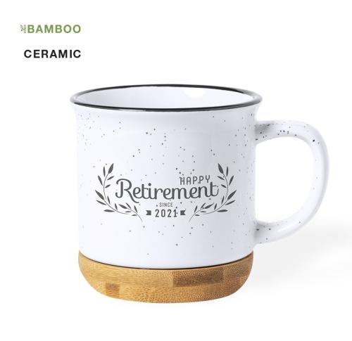 Branded Vintage Ceramic Camping Mugs 330ml Bamboo Base Speckled Finish 