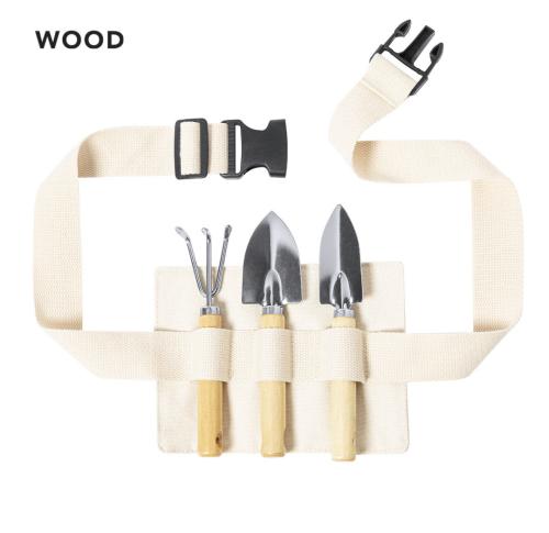 Wooden Handles Gardening Set - 2 Trowels, Rake, Waist Cotton Bag 