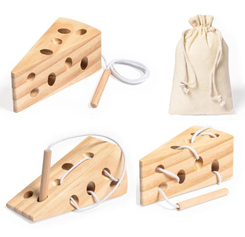 Wooden Threading Puzzle Cheese Shape Drawstring Bag