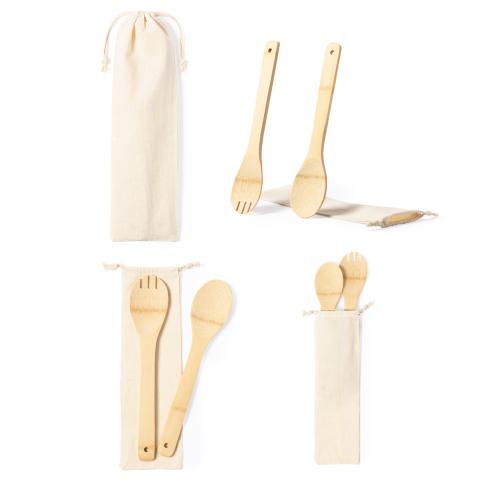Bamboo Spoon And Fork Cotton Drawstring Bag