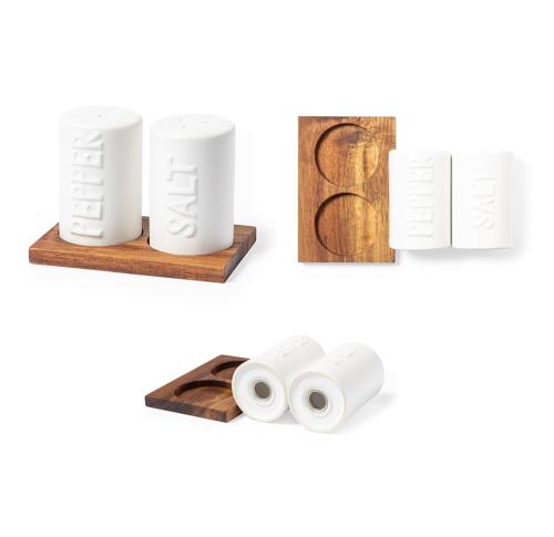 Ceramic Salt and Pepper Pots Acacia Wood Stand