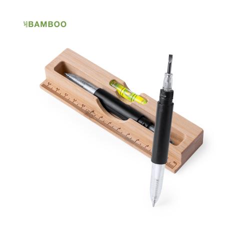Branded Mutitool Screwdriver, Spirit Level, Ruler Bamboo Case