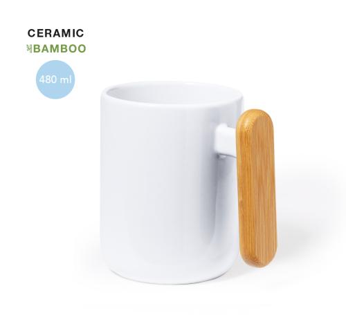 Printed 480ml White Ceramic Mugs Bamboo Handle