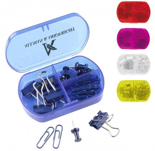 Plastic Case Containing Bulldog Clips, Paper Clips & Push Pins