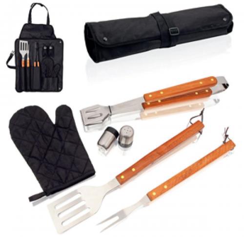 Custom Logo BBQ Tool Sets In Case - Glove, Tongs, Fork, Spatula, Salt & Pepper Set