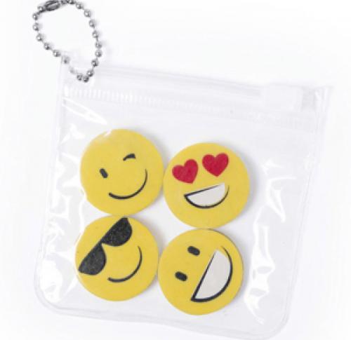 Four Emoji Erasers in Clear Plastic Wallet for Schools & Colleges