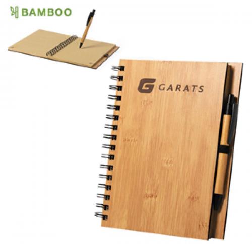 Custom Printed Eco Friendly Wiro Bound Bamboo Cover Notebooks Recycled Paper & Bamboo Pen Set