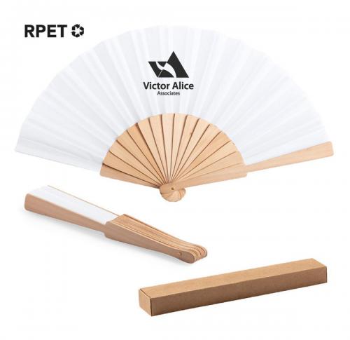 Custom Eco Friendly Hand Fans Wooden Ribs RPET Fabric Woter