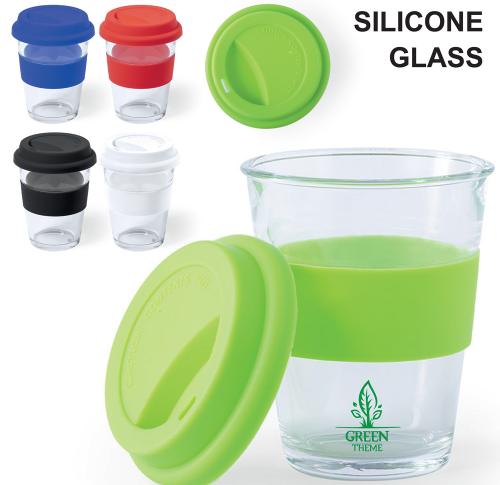 Custom Glass Travel Coffee Cups Silicone Band & Lid Keep Cup 350ml