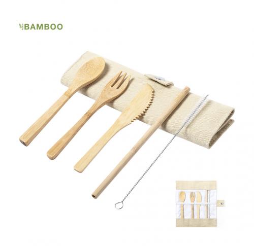 Bamboo Cutlery Set Including Straw & Cleaning Brush Canvas Pouch