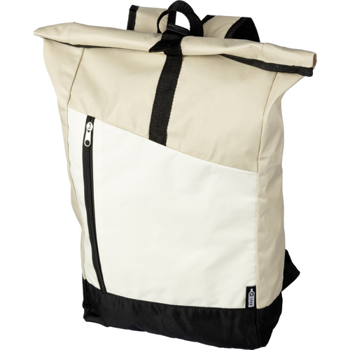 Recycled Rolltop RPET backpack Zipped Front Pocket Cream and Black Trim Custom Logo