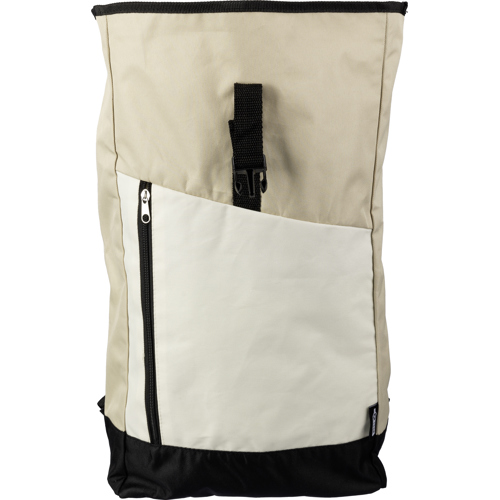 Recycled Rolltop RPET backpack Zipped Front Pocket Cream and Black Trim Custom Logo