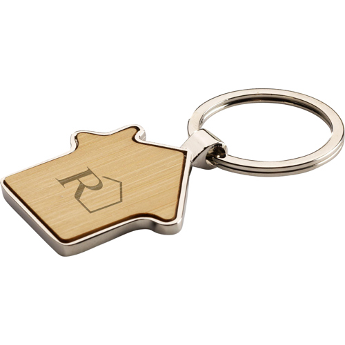 House Shape Bamboo And Metal Keyring